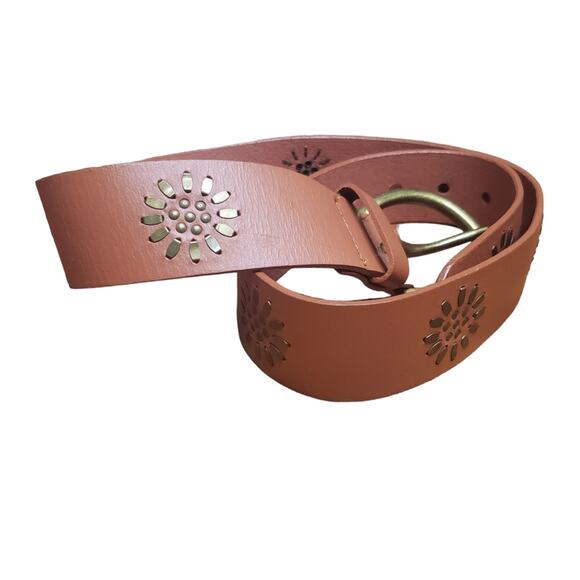 Linea Pelle Anthropologie Brown Genuine Leather Metal Floral Studded Belt - Picture 2 of 13